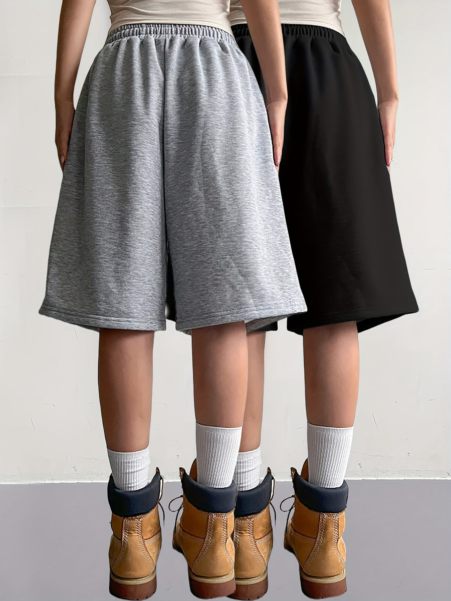 Women'S Casual Solid Color Loose Shorts Bermuda Shorts Black And Gray 2pcs Set - Black+gray
