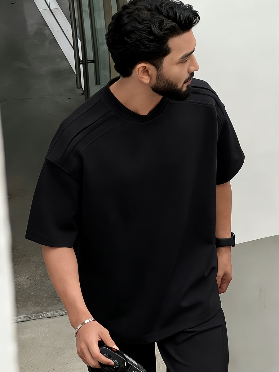 Men's Casual T-Shirt for Spring/Summer with 3D Shoulder Patchwork, Heavyweight Premium Feel Short Sleeve Crew Neck Pullover T-Shirt, Simple Streetwear Fashion Top, In Stock - Black