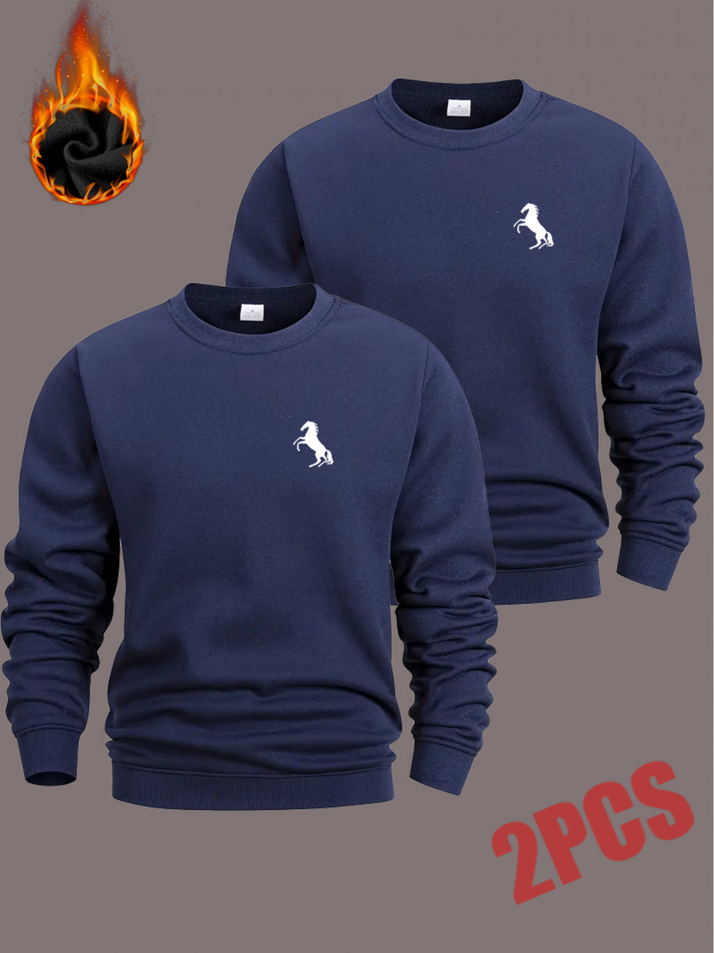 Men'S Crew Neck Sweatshirt 2-Pc, Fleece-Lined And Thickened Sweatshirt, Men'S Casual And Fashionable Top, Can Be Worn Inside Or Outside, Stylish Small Horse Logo Pattern - Navy Color