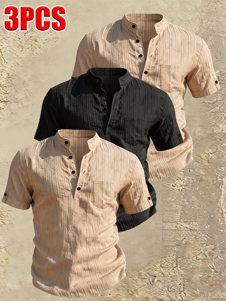 Men's Stand Collar Henley Short Sleeve Shirt 3pcs, Vertical Stripe Texture Half-Button with Pocket Top, Summer Breathable Casual Vacation 3pcs Versatile Men's Shirt Set - Khaki + Khaki + Black
