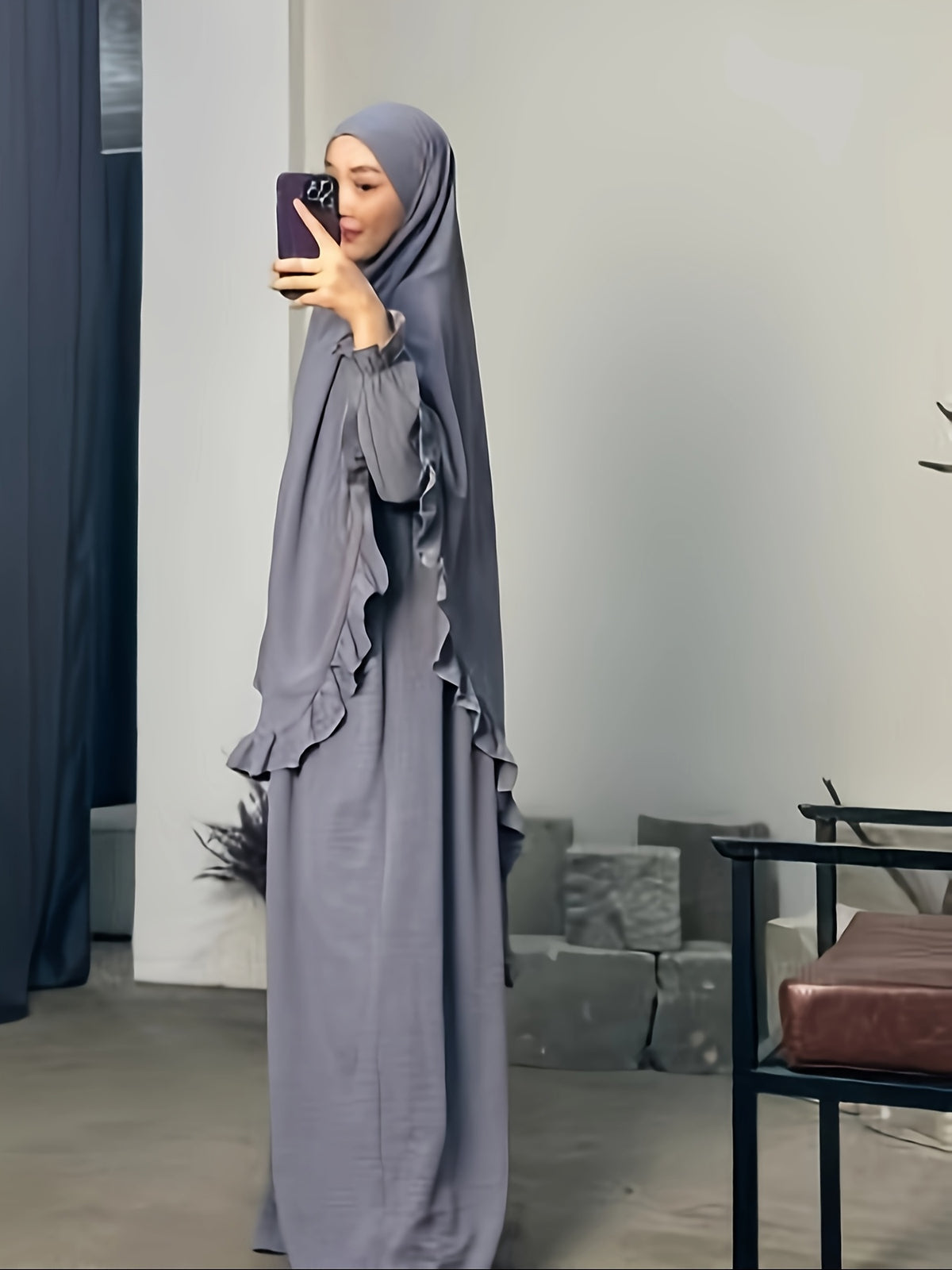 2pcs Set: Middle East Dubai 2pcs Set, Including 1 Solid Color Long Headscarf + 1 Long Robe, Women's Fashion Loose Robe Ramadan Prayer Outfit - Slate Grey