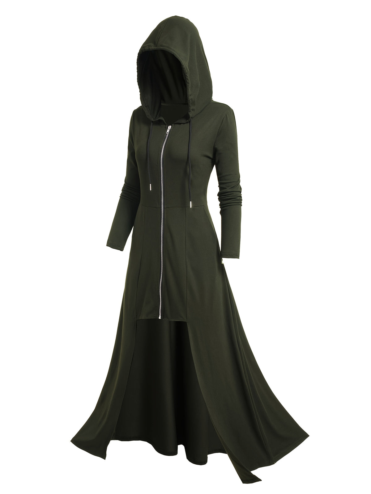 Gothic Ultra-Long Tailcoat Cardigan with Zipper And Hood, Pockets Included, Long Length Hooded Openable Zipper Jacket, Mysterious Ghost Coat, Enigmatic Hooded Ultra-Long Coat - Olive Green