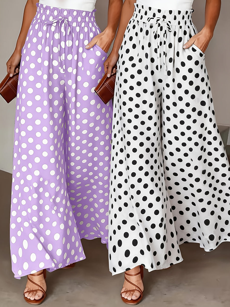 Fashionable Elegant Polka Dot Print Wide-Leg Pants, Commute Vacation Versatile Casual Trousers 2pcs Set - White+Purple