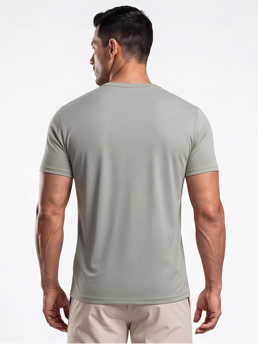 Men's Minimalist Sporty V-Neck Quick-Dry T-Shirt, Lightweight Breathable Moisture-Wicking Polyester Fiber Short-Sleeve Top, Solid Color Slim-Fit Casual Fitness Shirt, Suitable for Fitness, Running, Outdoor, Light Outdoor, and Urban Commuting - Light Grey