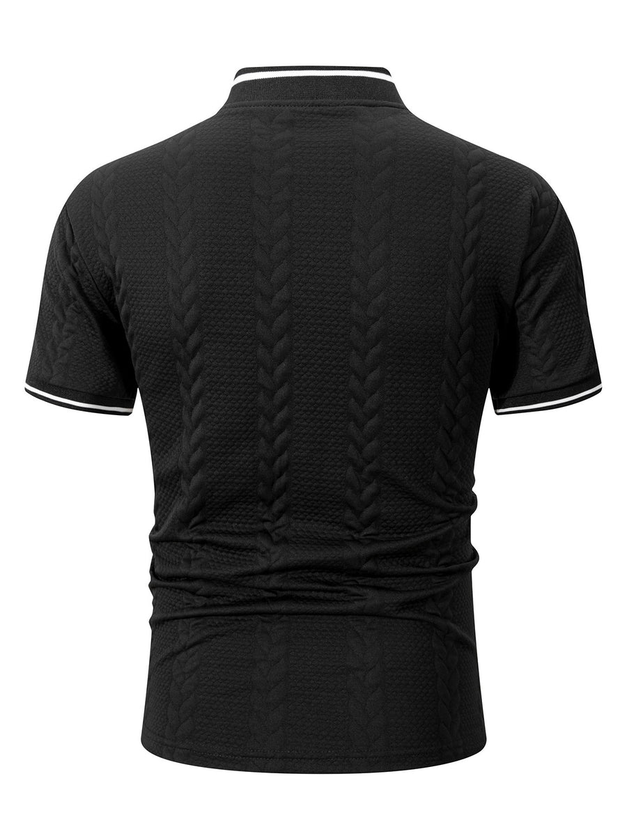 5pcs Men'S 3D Textured Half-Zip Polo Shirt, Black And White Contrast Striped Collar Breathable Casual T-Shirt, Trendy Textured Polo with Contrast Trimmed Collar And Cuffs, Full-Zip Front Design, Hiking Outdoor Sports Camping Daily Casual Wear - Book White + Black + Black + Light Gray + Khaki