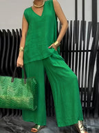 Women's Casual 2pcs Set Solid Color Loose Sleeveless V-Neck Tank Top + Wide-Leg Pants - Green