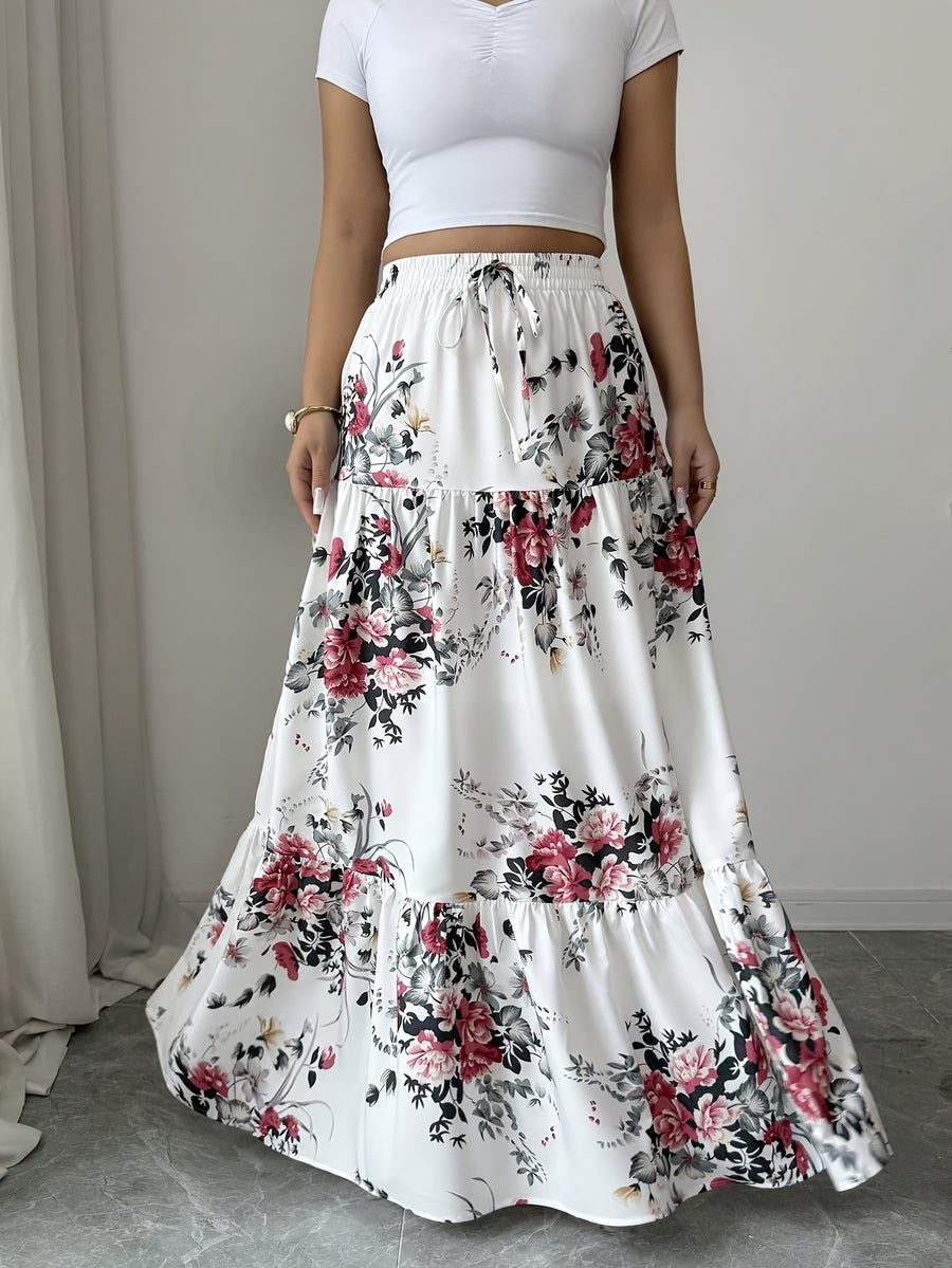 Floral Elastic Waist A-Line Skirt - Polychrome