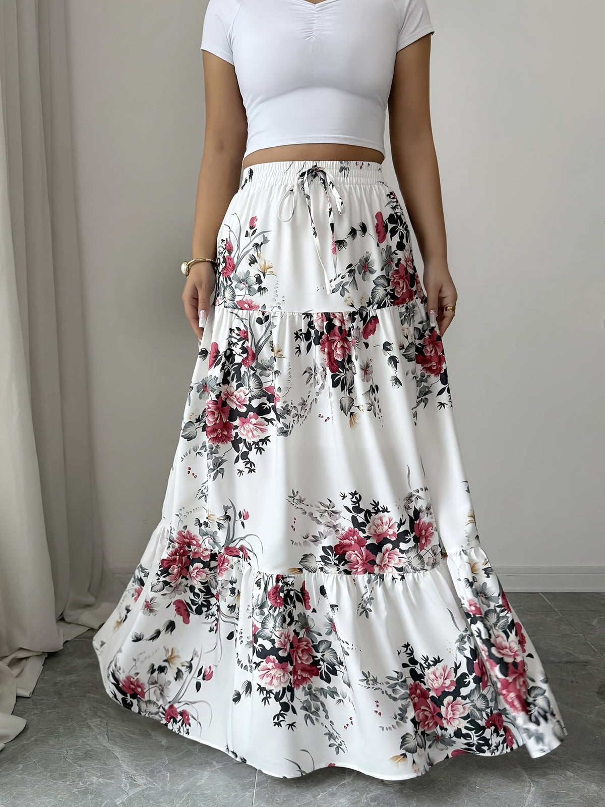 Floral Elastic Waist A-Line Skirt - Polychrome