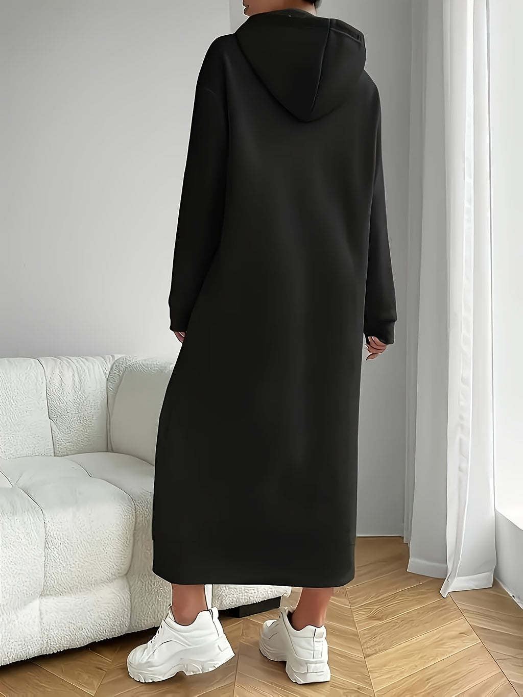 Autumn And Winter Fashion European And American Women'S Long Sleeve Hooded Sweatshirt Dress - Black