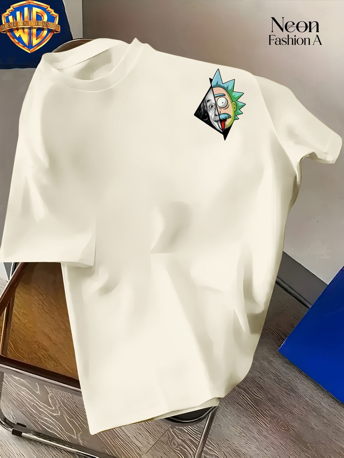 Warner Licensed Unisex Short Sleeve T-Shirt Casual Commute Shopping Classic Science And Anime Creative Patchwork Artistic Print Round Neck Pullover Summer Comfortable Breathable Trendy Top - Apricot