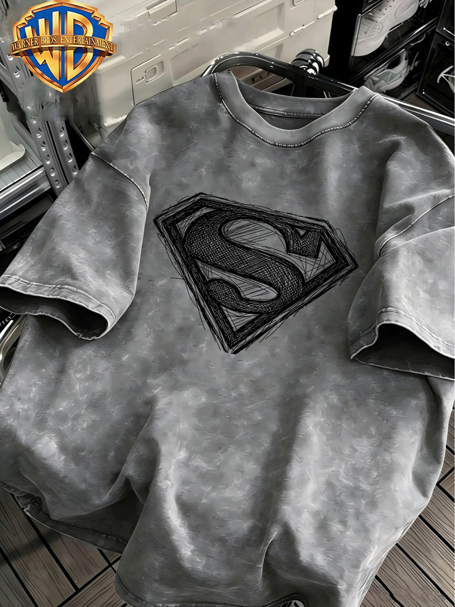 100% Washed Distressed T-Shirt, Superman Sketch S Shield Street Print, American Retro Street Cool Short Sleeve Top, Suitable for Outdoor Wear, Gym, Office, And Daily Fashion, Essential for Men'S Wardrobe - Unisex - Grey