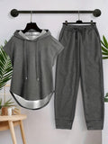 Solid Color Hooded Sleeveless Sweatshirt and Pants Set (black, Dark Gray, Light Gray Set) with a Casual Style Ceiling! Casual and Comfortable Super Eye-catching Elegant Women's Suit, Women's Suit, Women's Suit, Women's 2pcs Set - Dark Gray