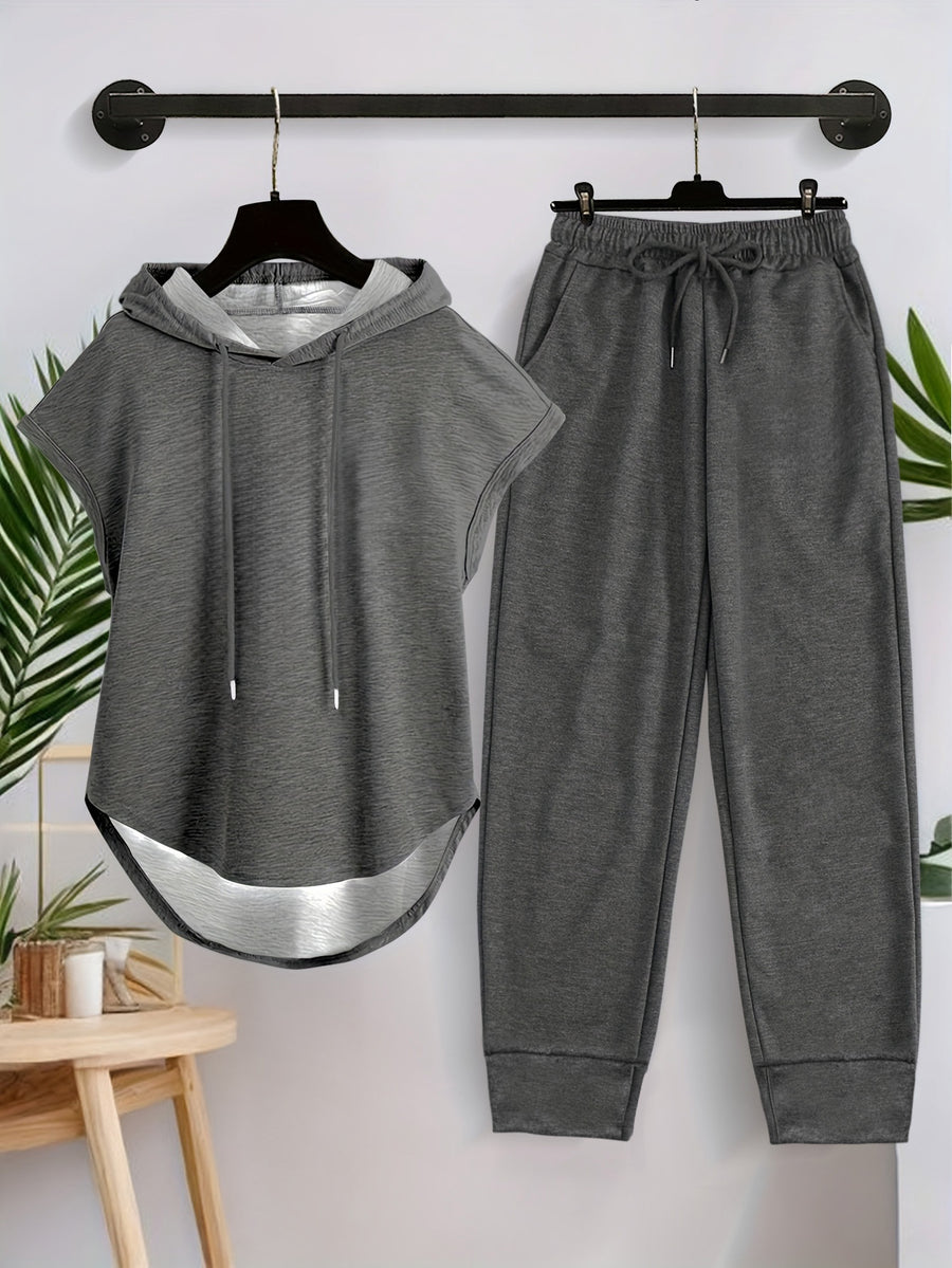 Solid Color Hooded Sleeveless Sweatshirt and Pants Set (black, Dark Gray, Light Gray Set) with a Casual Style Ceiling! Casual and Comfortable Super Eye-catching Elegant Women's Suit, Women's Suit, Women's Suit, Women's 2pcs Set - Dark Gray