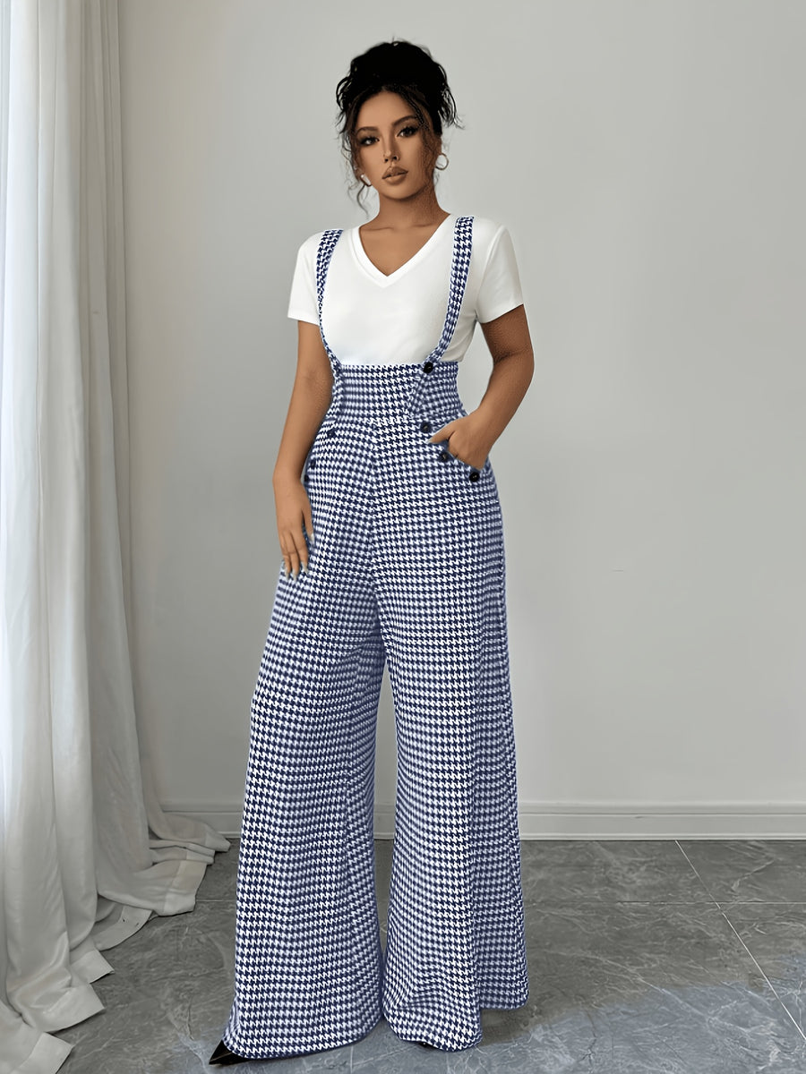 Elegant Women'S Houndstooth Camisole Straight Wide-Leg Suspender Pants, Retro Casual Overalls, All-Season Versatile for Fall And Winter - Blue