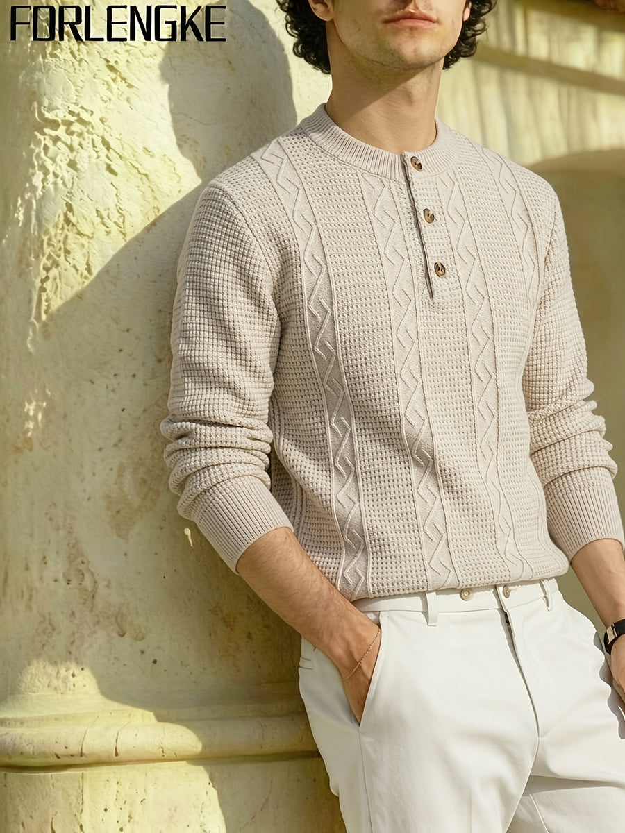 FORLENGKE Autumn/Winter New Arrival Men's American Manor Vintage Style Henley Neck Knit Sweater, Vertical Cable Waffle Knit Patchwork Texture, Regular Shoulder Fitted Cut, Autumn/Winter Manor Vacation Countryside Stroll Coffee Break Daily Streetwear - Flower Rice