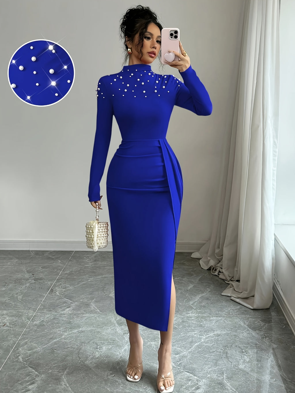 Elegant Hand-beaded and Pleated Women's Clothing - Blue