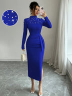 Elegant Hand-beaded and Pleated Women's Clothing - Blue