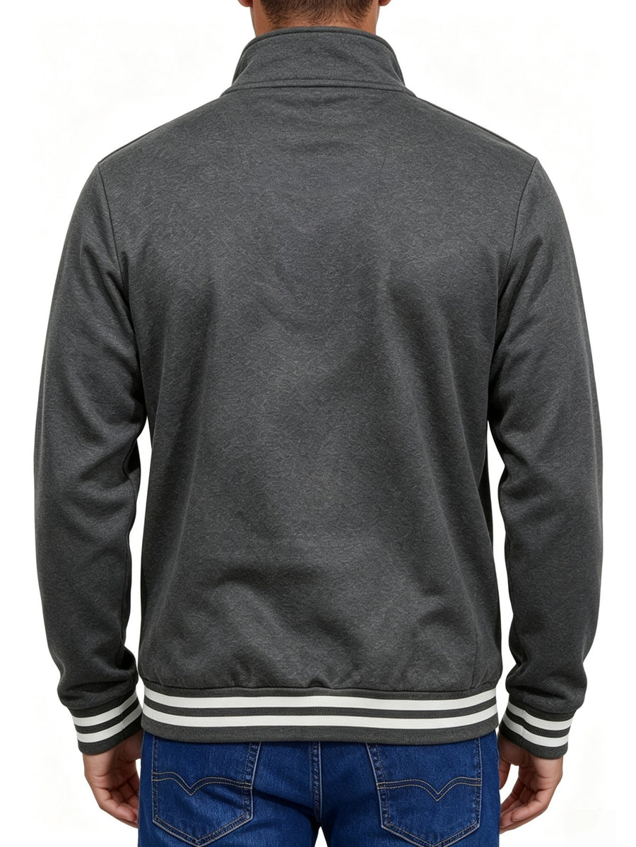 Men's Solid Color Half-Zip Stand Collar Sweatshirt, Mountain Print with Striped Ribbed Cuffs and Hem, Loose Fit Casual Sport Pullover, Daily Vintage Style Jacket - Deep Gray