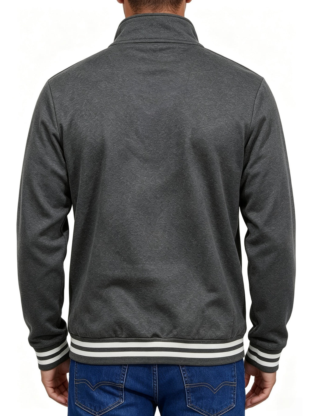 Men's Solid Color Half-Zip Stand Collar Sweatshirt, Mountain Print with Striped Ribbed Cuffs and Hem, Loose Fit Casual Sport Pullover, Daily Vintage Style Jacket - Deep Gray