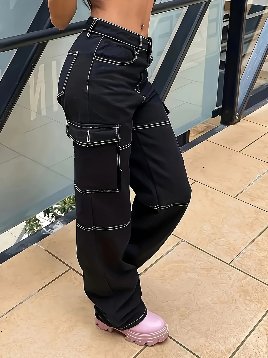 Pouch Patchwork Stretch Denim Long Pants - Black