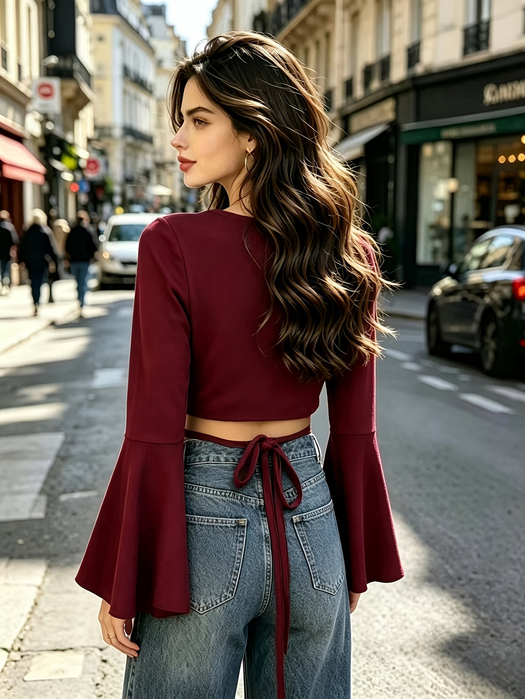 French Style Wine Red V-Neck Cross Flared Long-Sleeved Top Women'S New Waist Navel-Baring Cropped Hot Pure Desire Style Slim-Fit Base Shirt - Burgundy