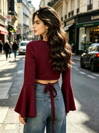French Style Wine Red V-Neck Cross Flared Long-Sleeved Top Women'S New Waist Navel-Baring Cropped Hot Pure Desire Style Slim-Fit Base Shirt - Burgundy