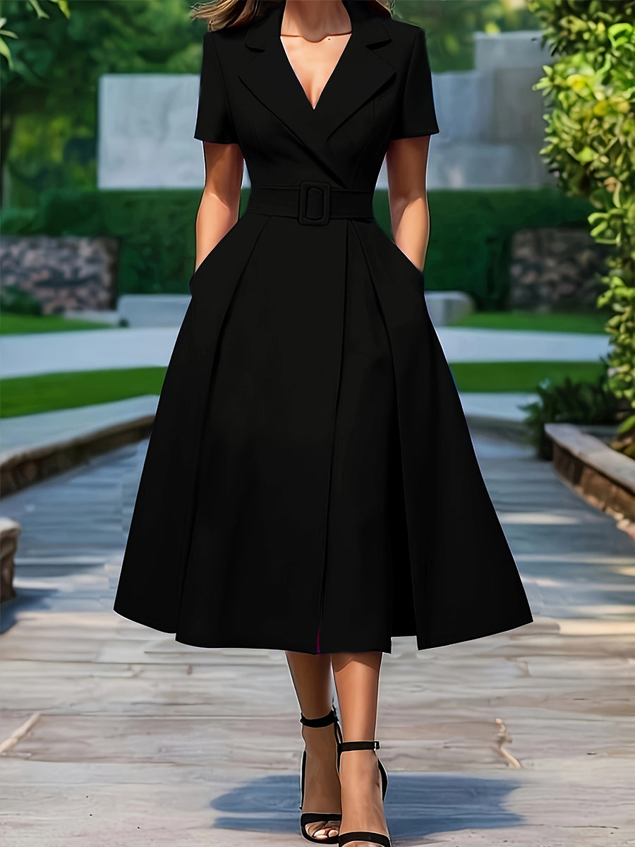 1pc Solid Color Flared Design Fashion Waist-Cinching Elegant Dress with Belt for Daily Wear and Parties NS702 - Black