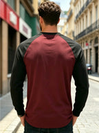 Men'S T-Shirt Casual New Daily Color-Block Long Sleeve Breathable Skin-Friendly Non-Sweaty Drop Shoulder Cut Visual Body Shaping Super Friendly Retro Contrast Design with Premium Aura Suitable for Sports Casual Daily Commuting Outdoor Activities Cas - Black+Maroon 2