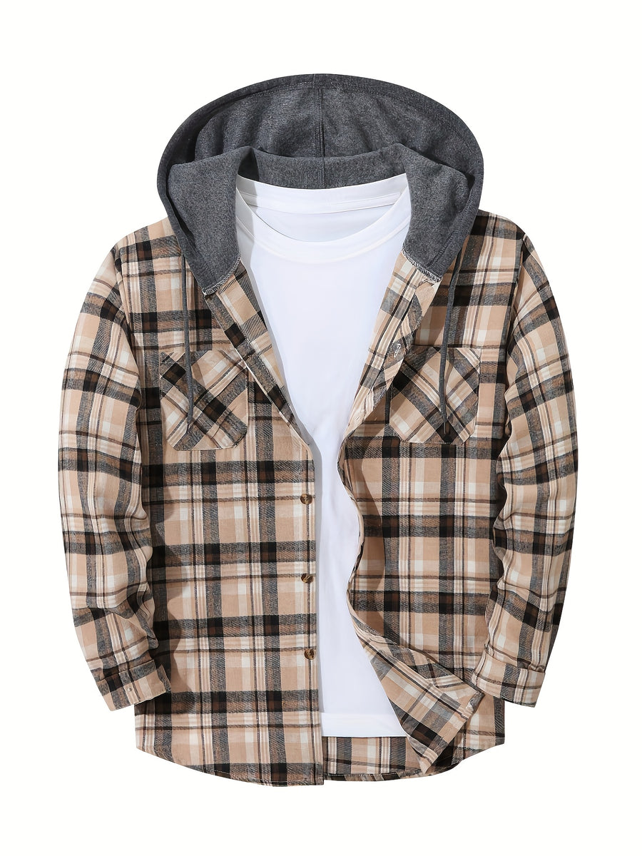 Men'S Plaid Hooded Sweatshirt Flannel Shirt Jacket Long Sleeve Casual Fashion Button-Up Shirt - Khaki - gray black