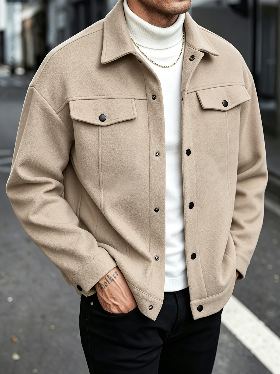 New Autumn/Winter Men's Lapel Tweed Shirt Jacket, Loose Fit with Double Patch Pockets, Single-Breasted Casual Workwear Outerwear, Versatile Top for Daily Commuting - Khaki
