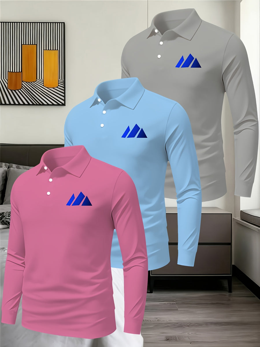 3pcs Solid Color Long Sleeve Lapel Polo Shirts for Young and Middle-Aged Men, Eyelet Lightweight Breathable Commuting Workwear Loose Fit Long Sleeve Base Layers - Pink Sky Blue Gray