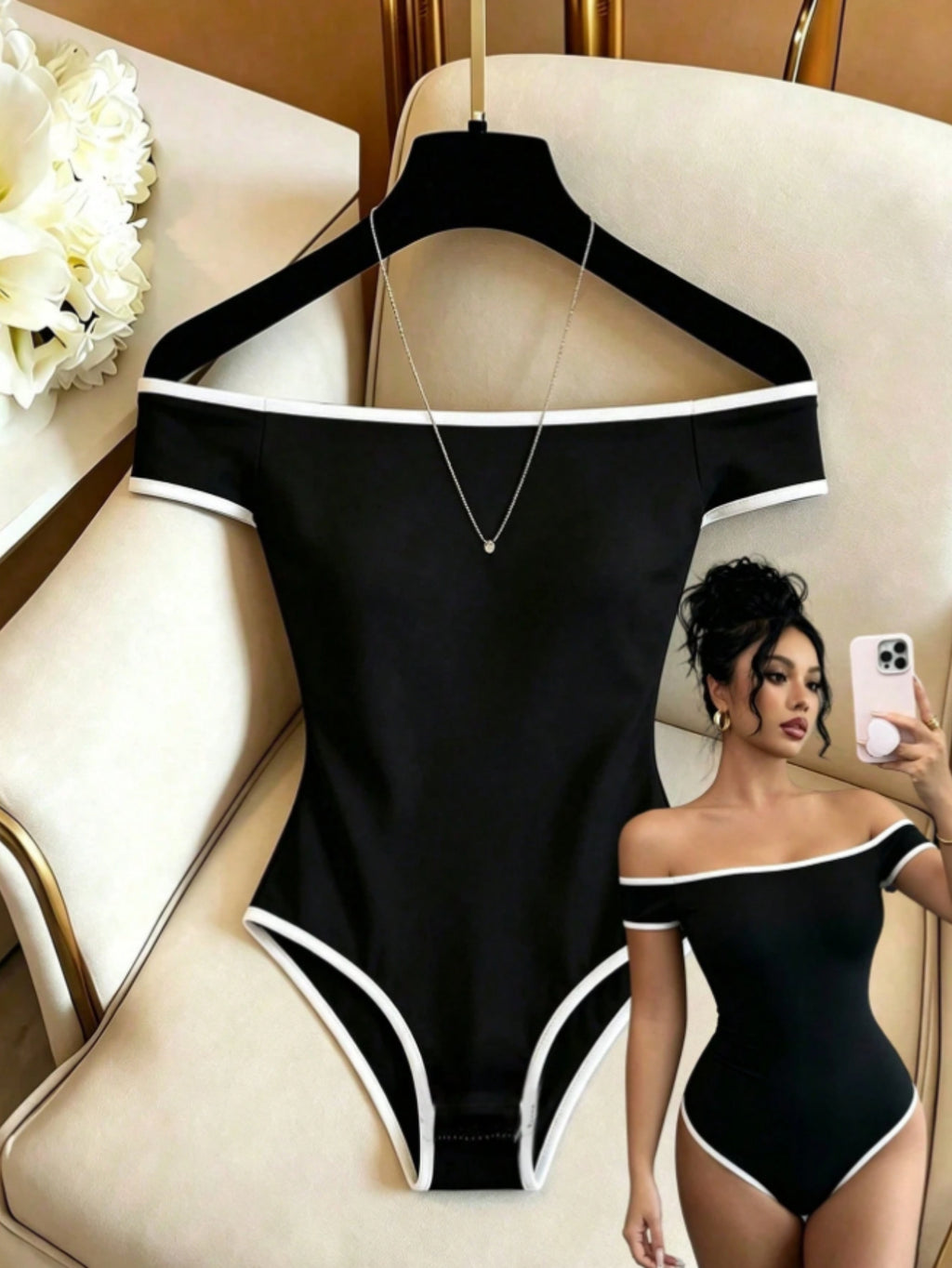 Women's Sexy Off-the-Shoulder Bodysuit, Short-Sleeved Slim-Fit Jumpsuit with Contrast Trim, Suitable for Both Daily Casual and Nightclub Wear - Wilderness - Black