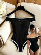 Women's Sexy Off-the-Shoulder Bodysuit, Short-Sleeved Slim-Fit Jumpsuit with Contrast Trim, Suitable for Both Daily Casual and Nightclub Wear - Wilderness - Black