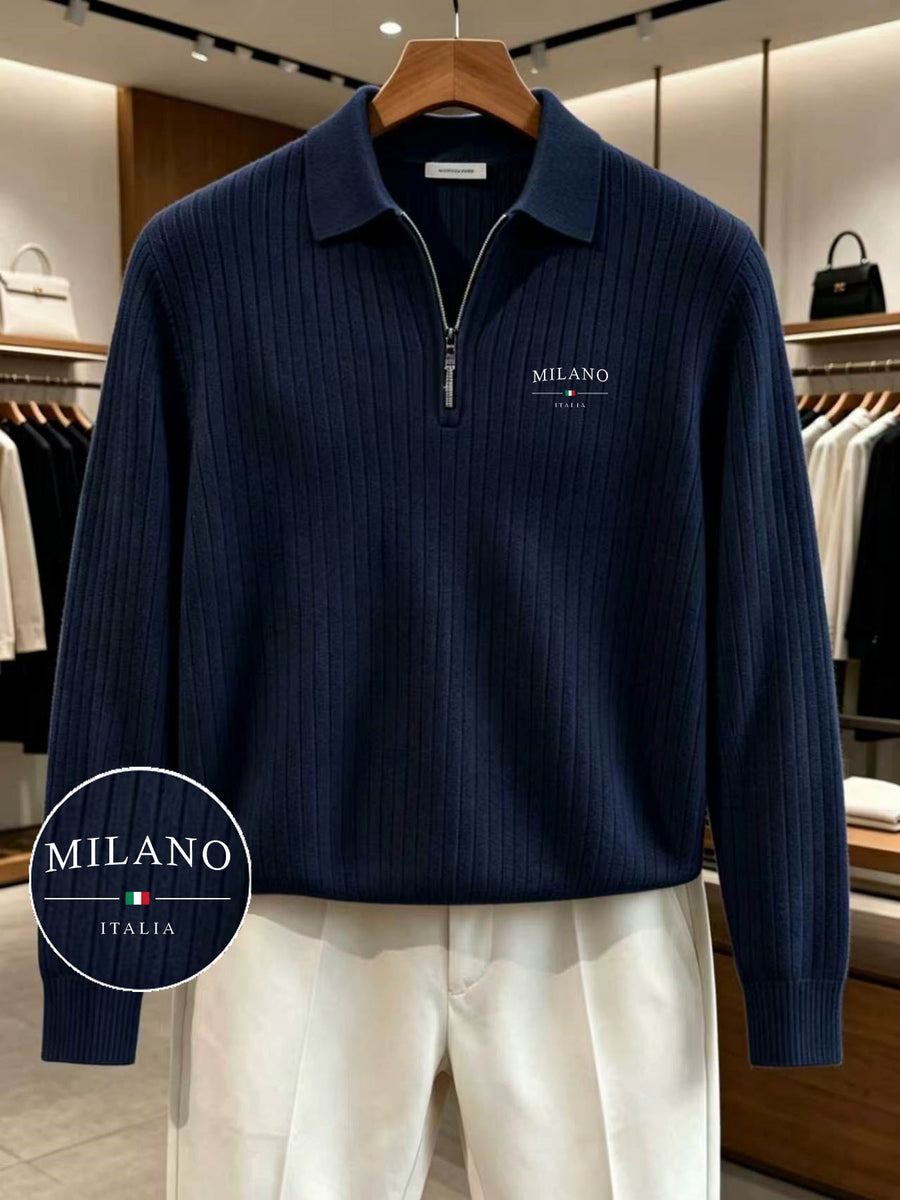 Men'S Half-Zip Lapel Long Sleeve Polo with Vertical Pique Texture, MILANO Milan Letter Print Light Casual Business Sweater, Soft And Machine Washable, Knit - Navy Color