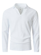 KJ-CX023-YY Old Money Style Men'S Solid Color Henley Lapel Long Sleeve Top V-Neck Pullover Shirt Beach Vacation Casual Shirt Outerwear - White
