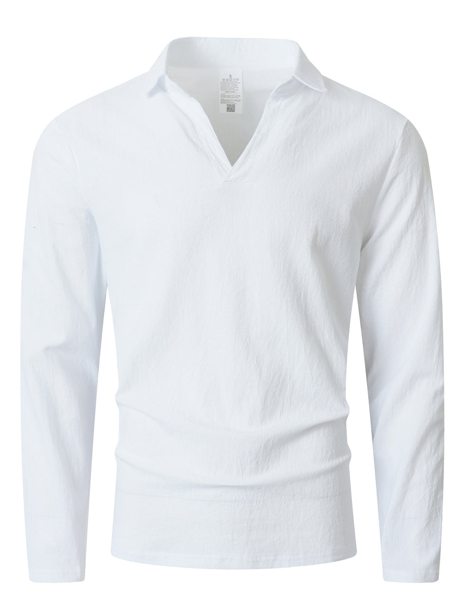 KJ-CX023-YY Old Money Style Men'S Solid Color Henley Lapel Long Sleeve Top V-Neck Pullover Shirt Beach Vacation Casual Shirt Outerwear - White