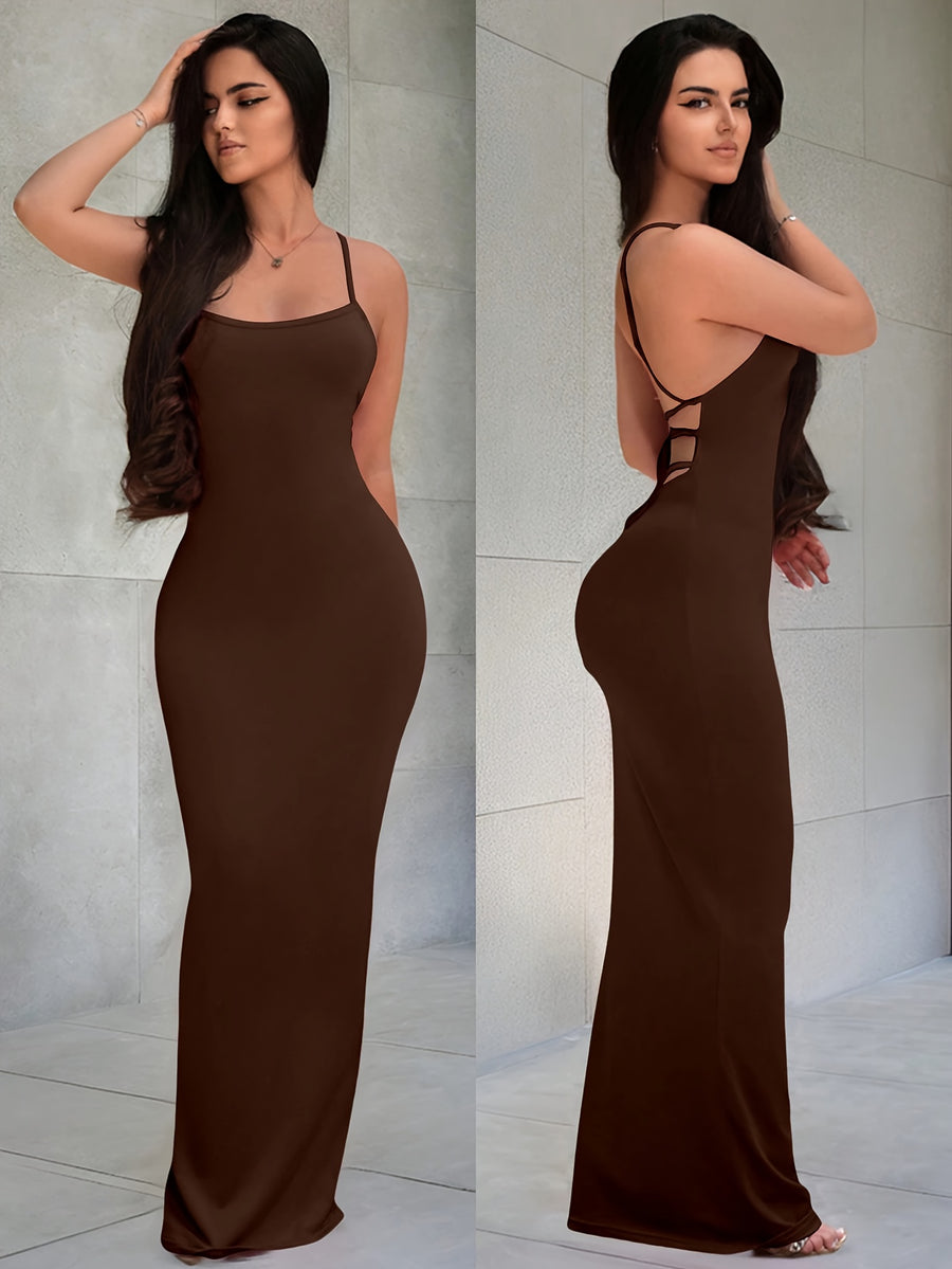 Women'S Solid Color Thin Strap Backless Sleeveless Coffee-Colored Dress - Coffee Brown
