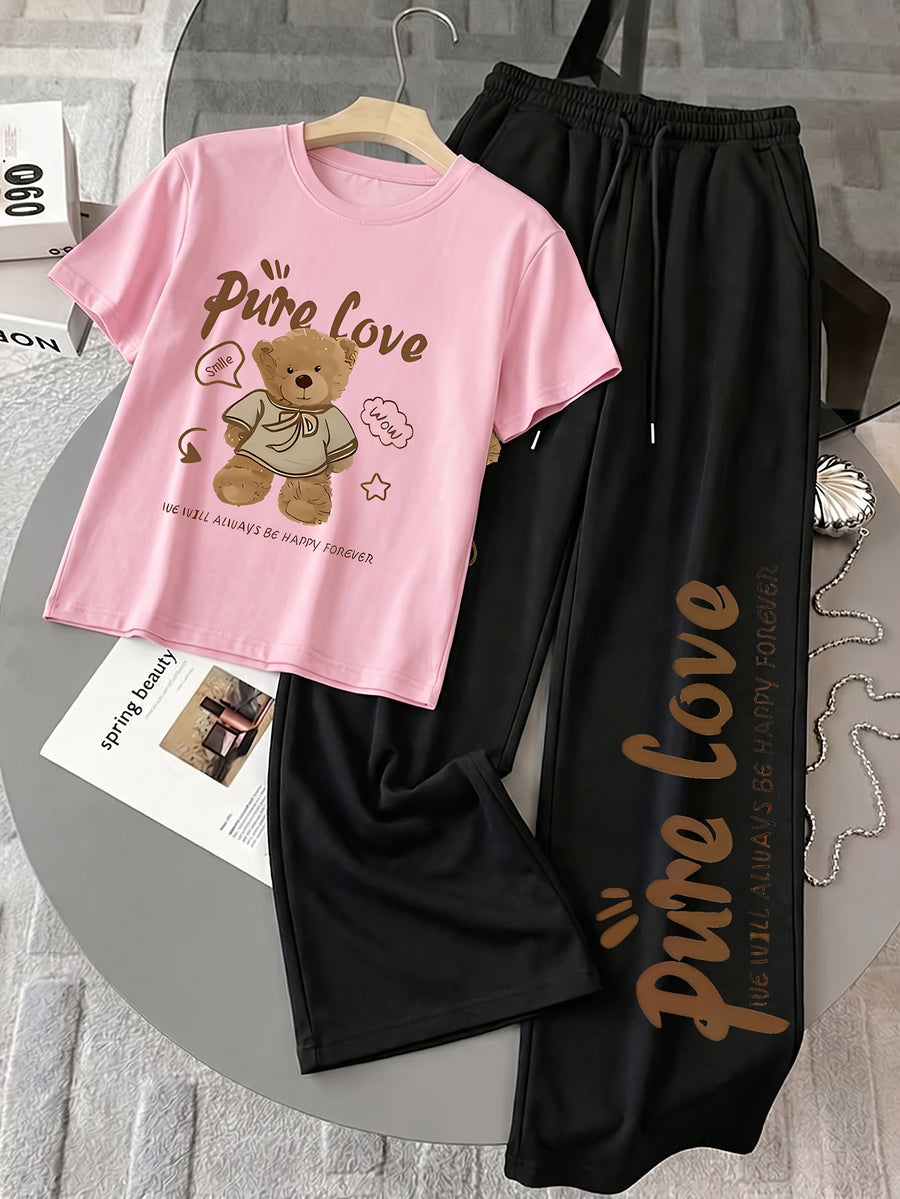 Women's 2-Piece Set: Spring/Summer Fun "Brown Bear" Heart and Letter Print Daily Y Casual T-Shirt with Drawstring Loose Straight-Leg Pants. Soft, Comfortable, Niche Hip-Hop Y2K Versatile Streetwear T-Shirt Set, Suitable for Summer Outings - Pink+Black