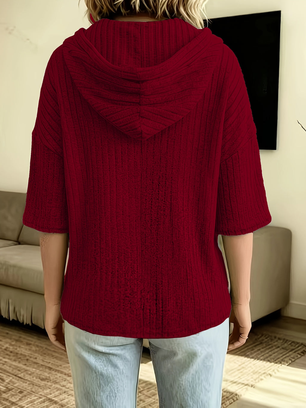 Fashionable Hooded Sweatshirt Autumn New Women'S Short Sleeve Hoodie, Elegant Ribbed Material, Hooded Sweatshirt Suitable for Daily Commute Office Wear, Party Outing Outdoor Wear - Red