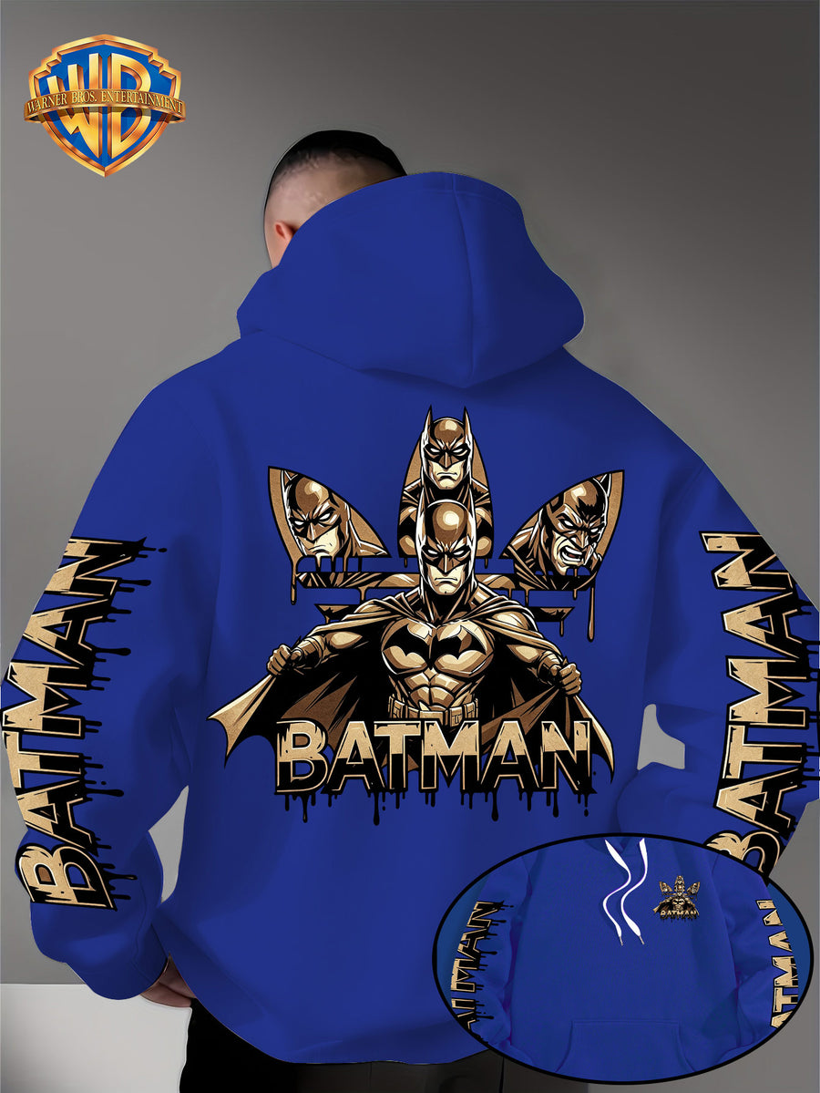 Warner Bros. Official Men's Hooded Sweatshirt - 1pc, Batman BATMAN Vintage Black and Golden Drip Lettering Creative Print, Trendy and Cool DC Superhero IP Graphic Hoodie, Skin-Friendly, Comfortable, and Warm Fabric, Kangaroo Pocket with Ribbed Cuffs - Blue