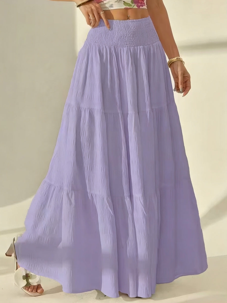 Bohemian Tiered Maxi Skirt, High-Waist Smocked A-Line Flowy Long Skirt, Casual Loose Pleated Solid Color Skirt for Beach Vacation Daily Wear, Women'S Fashion - Lavender