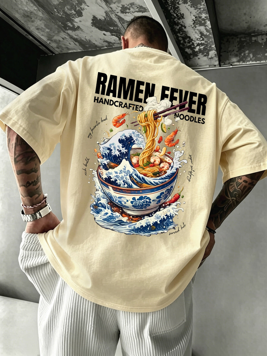 Men's 100% Pure Cotton T-Shirt, Ramen Wave Print, Comfortable, Soft, and Breathable, for Spring/Summer Casual Daily Wear - Apricot