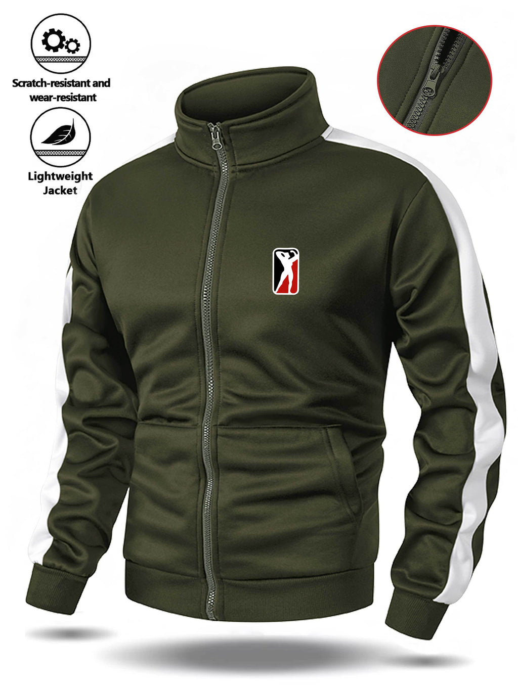 Spring/Autumn Men'S Stand-Up Collar Zip-Up Casual Jacket, Contrast Striped Sleeve Design Adds Layering, Chest Athletic Figure Print Easy And Energetic. Fabric Is Soft And Flowing, Non-Stuffy, Fit Various Body Types, Suitable for Sports, Commuting - Olive Green