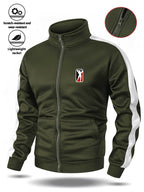 Spring/Autumn Men'S Stand-Up Collar Zip-Up Casual Jacket, Contrast Striped Sleeve Design Adds Layering, Chest Athletic Figure Print Easy And Energetic. Fabric Is Soft And Flowing, Non-Stuffy, Fit Various Body Types, Suitable for Sports, Commuting - Olive Green