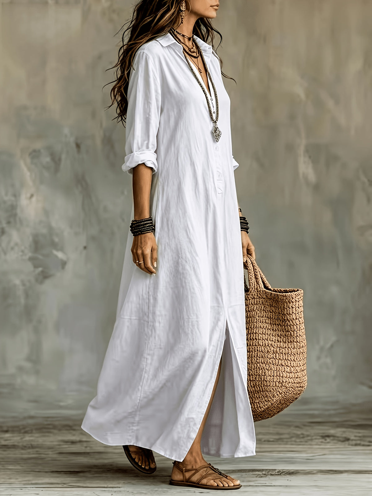 Women'S Spring Summer Autumn Bohemian Solid Color Semi-Open Neck Lapel Long Shirt, Casual Button-Up Relaxed Style Long Sleeve Shirt Dress, Breathable Beach Vacation, Travel, Daily Wear Long Shirt Dress - White