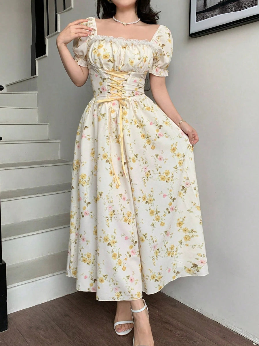 Charming Romantic Dumb Flower Patchwork Lace Collar Long Sleeve Waist-Cinching Elegant Dress, Vacation Wear, Women'S Dress - Lace