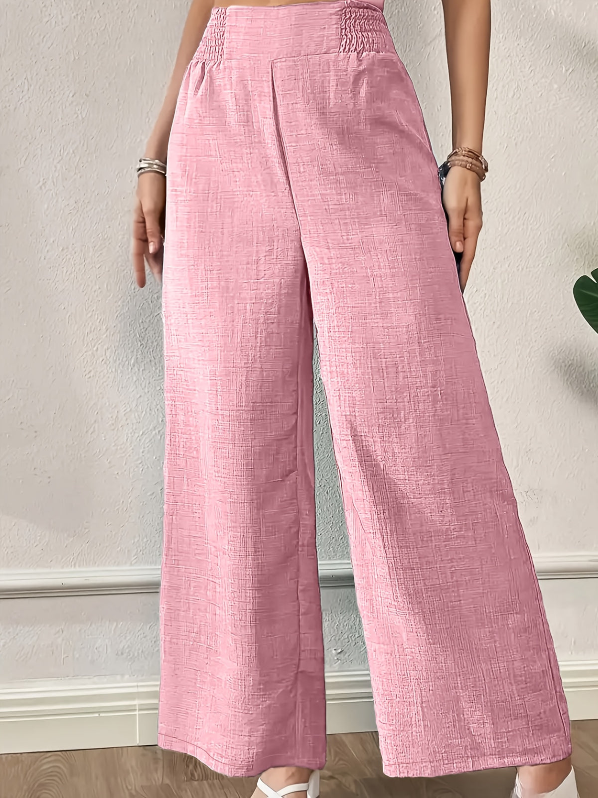 New Women'S High-Waist Wide-Leg Pants, Elastic Waist Straight-Leg Long Trousers, Elegant Wide-Leg Trousers Suitable for Casual And Formal Occasions, Office, And Semi-Formal Wear - Pink Color