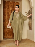 Directional Golden Printed Embroidered Arabic Women'S Elegant Green Dress, 2026 Summer Autumn Style Women'S Holiday Party Outfit, Jalabiya Webbing Square Loose Three-Quarter Batwing Sleeve Design Fashionable Grand Noble Attire - Olive