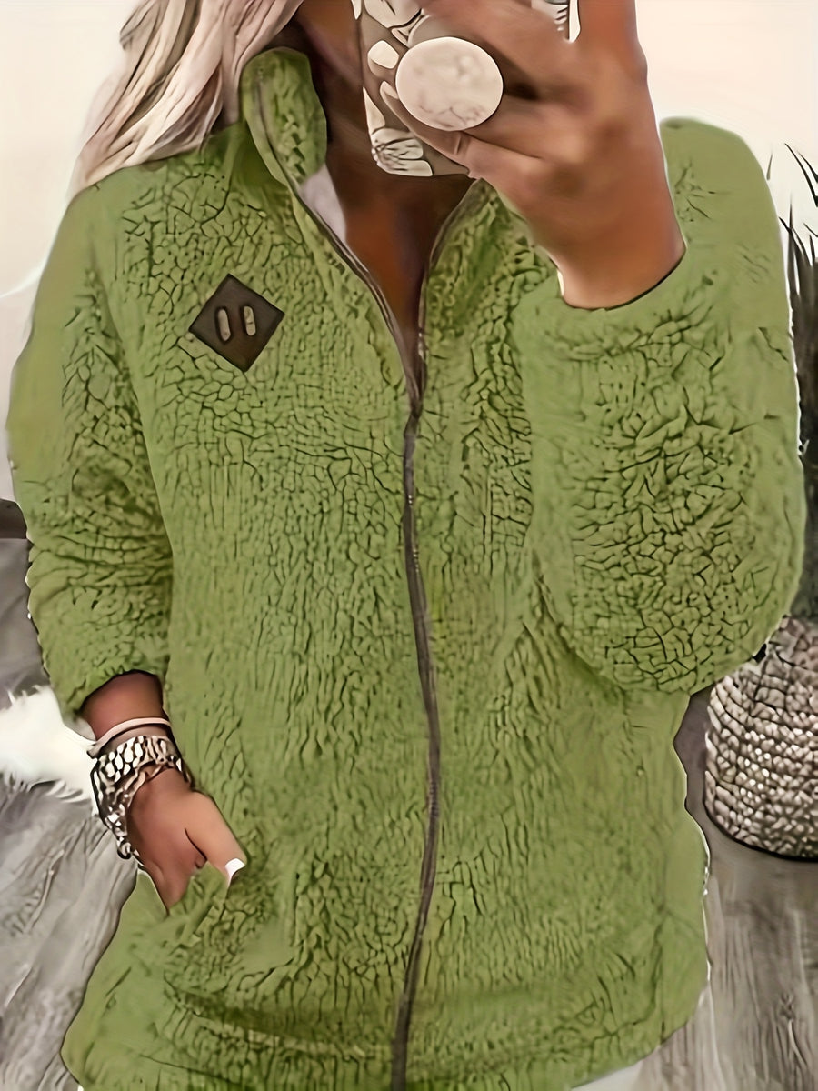 Women'S Faux Small Stand Collar Thick Jacket Coat - Matcha Color