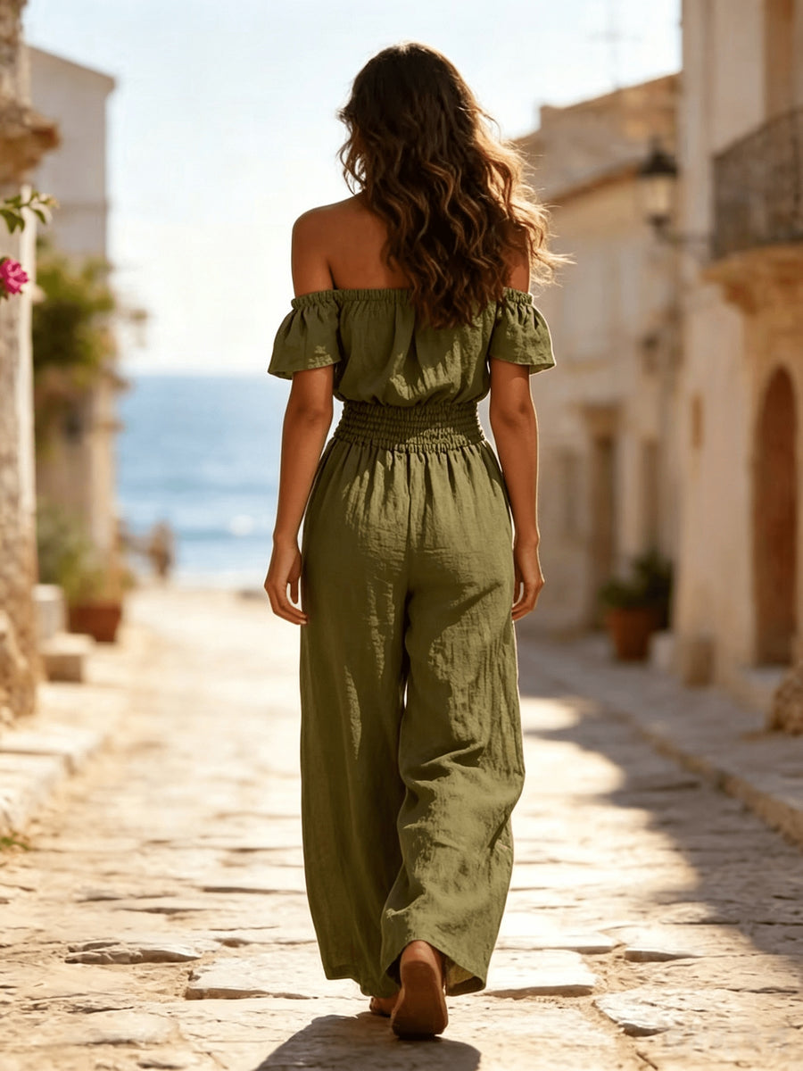 Vintage Off-the-Shoulder Sexy Sleeveless Drawstring Waist Wide-Leg Jumpsuit - Olive Green